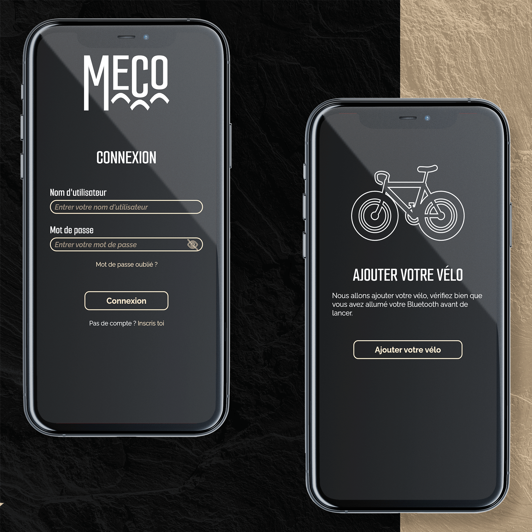 Page de connexion et d'activation du vélo de l'application MECO